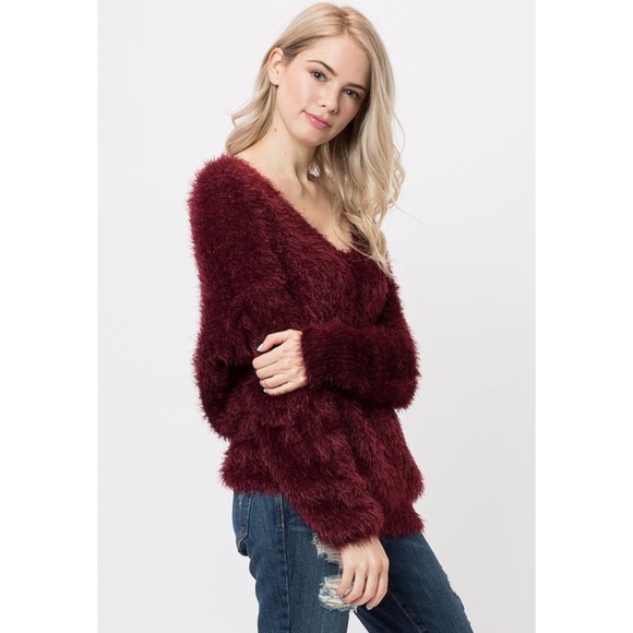 Last☝️Wine Long Sleeve Open Back Fuzzy Sweater - Picture 4 of 5